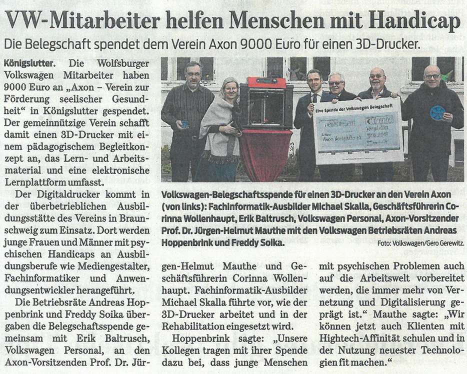 Zeitungsartikel mit dem Titel „VW-Mitarbeiter helfen Menschen mit Handicap“
