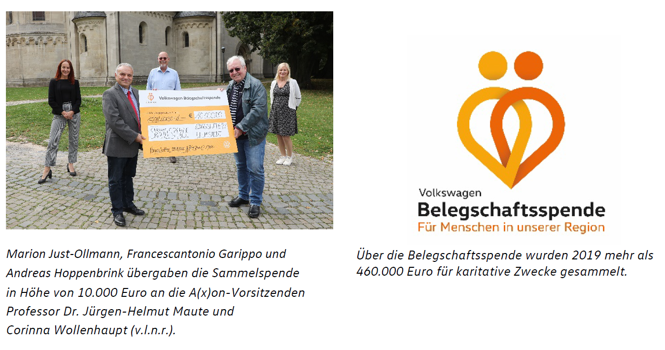 Foto von der Übergabe einer 10000 Euro Spende der Volkswagen Belegschaft an den Verein axon
